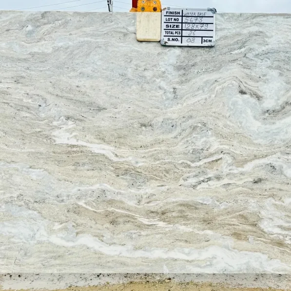 Elegant fantasy brown marble slabs with a tag on the top.