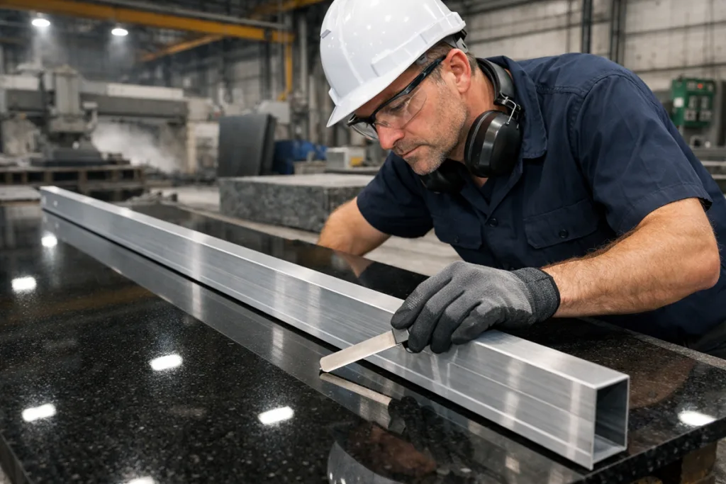 Worker inspecting granite slab flatness.