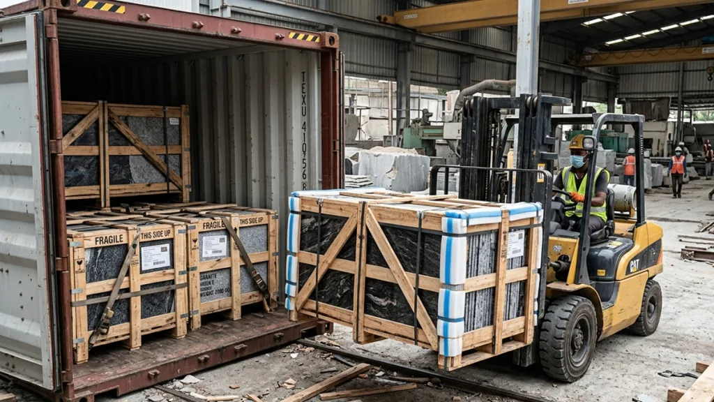 Forklift loading granite into container