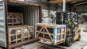 Forklift loading granite into container