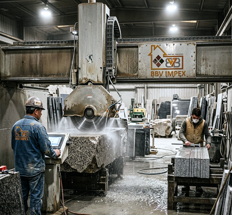 A factory of marble, granite or natural stones where workers are cutting and processing stones with machines.