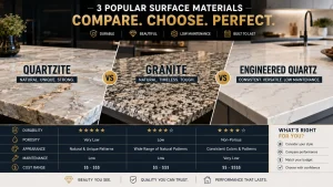 comprasion image of granite, quartzite and engineered quartz