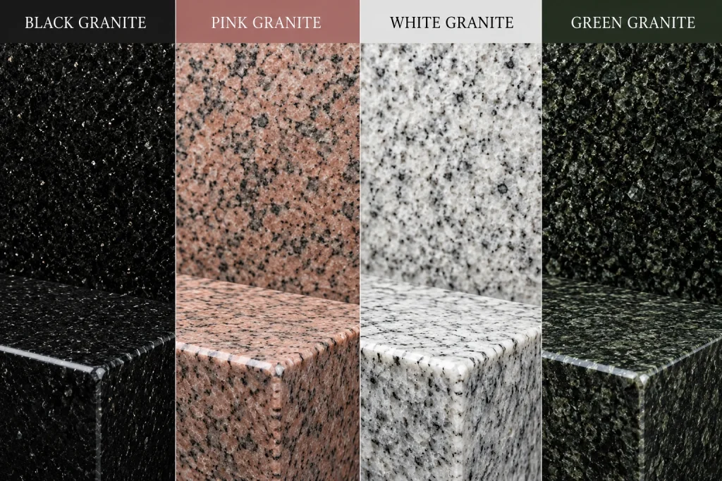 Close-up textures of various natural stone monument materials, highlighting the distinct colors and grain patterns of granite.