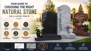 Three polished natural stone monuments made from black granite, white marble, and brown granite stand in a landscaped cemetery at sunset. The graphic highlights premium quality, weather resistance, custom designs, and popular monument materials including granite, marble, quartzite, and gneiss.