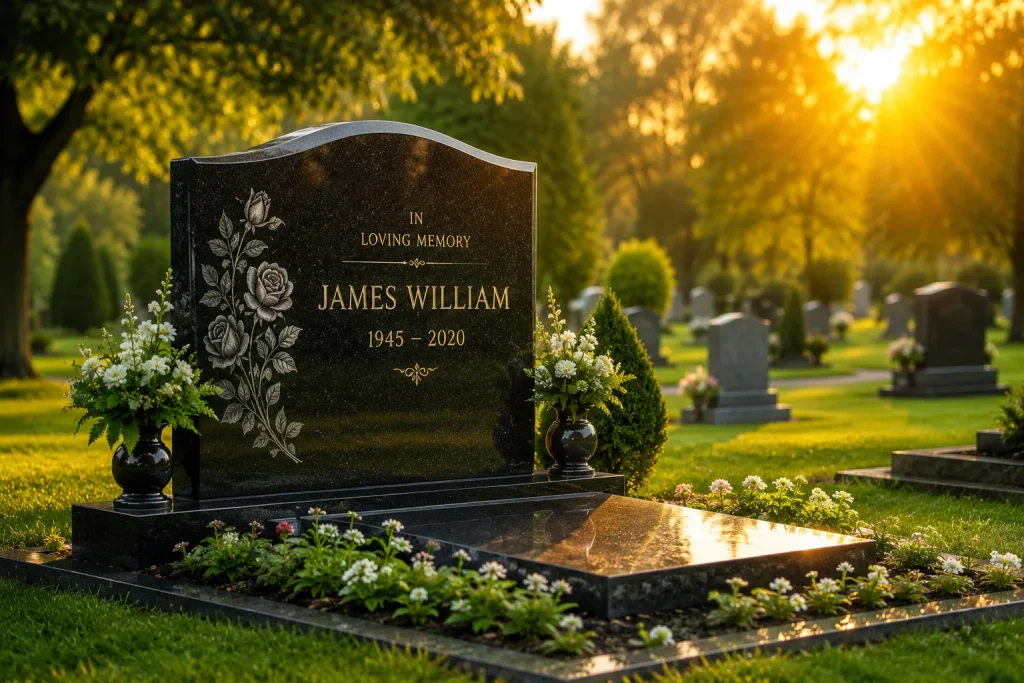 A highly polished natural stone monument in a peaceful cemetery, demonstrating the enduring beauty of granite memorials.