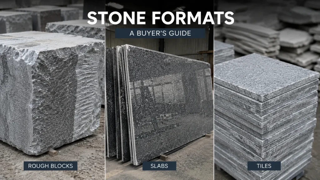 Granite stone formats showing rough blocks, polished slabs, and cut tiles in a stone processing facility.