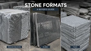 Granite stone formats showing rough blocks, polished slabs, and cut tiles in a stone processing facility.