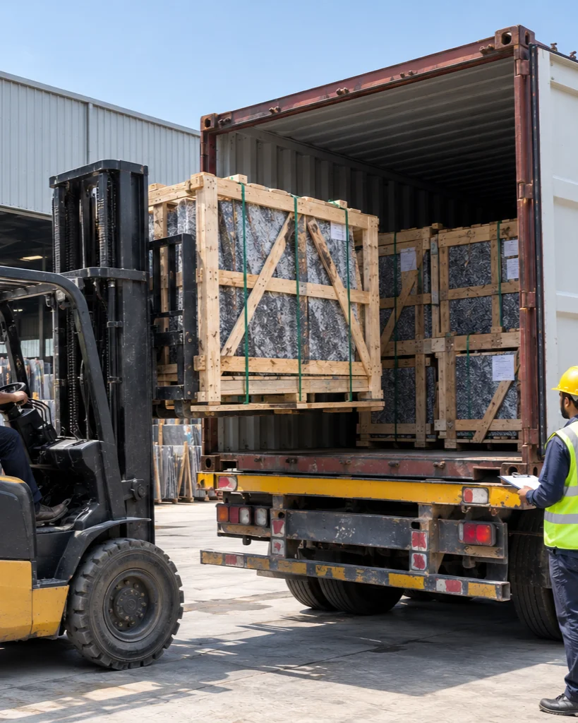 A crane is loading the granite wooden creates into a container.